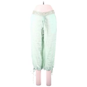 Ya Casual Pants Size M‎ 100% Linen Light Sea Green Gold Trim Cropped Ankle Ties